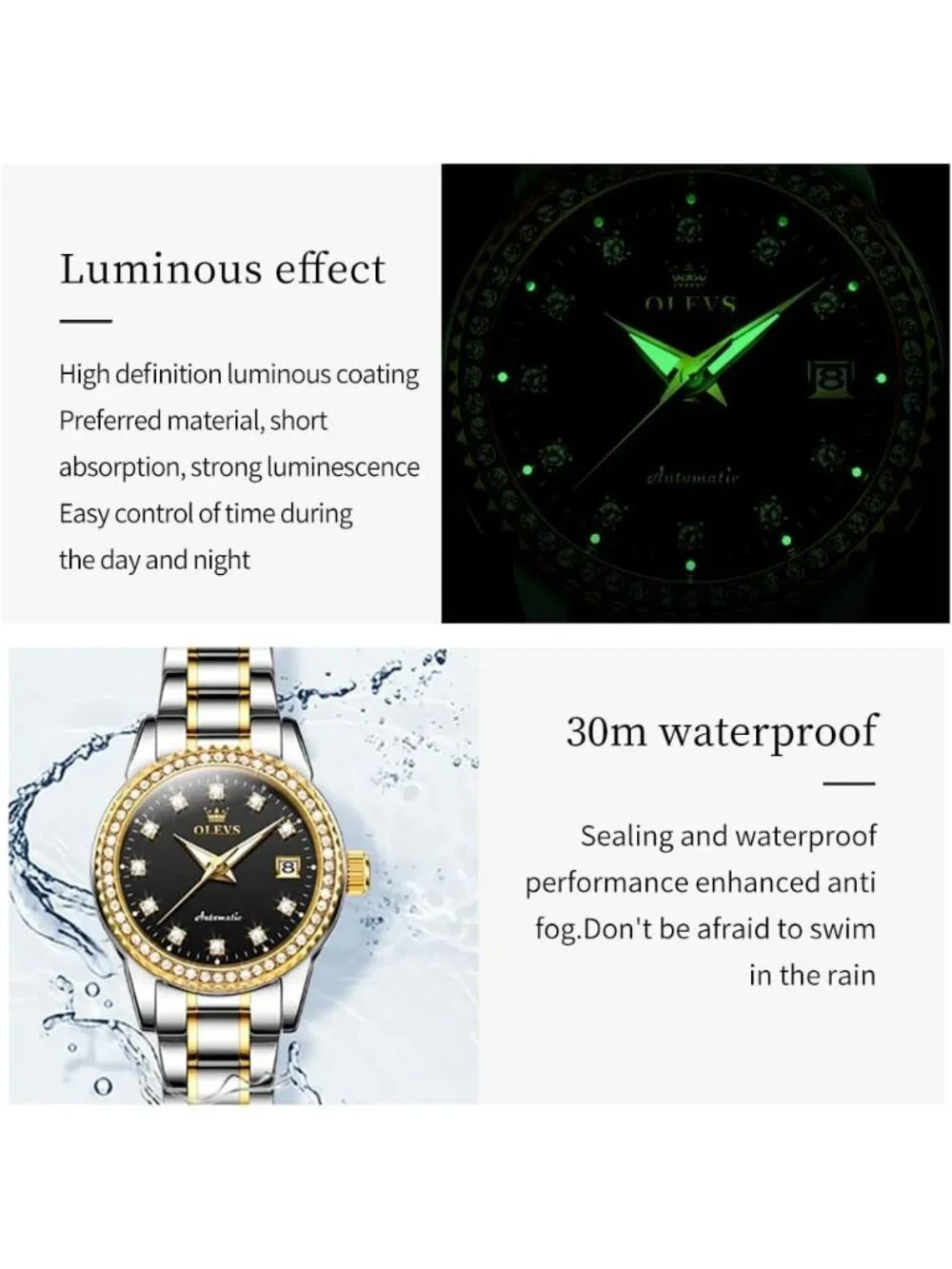 Women's Black Automatic Diamond Luxury Mechanical Stainless Dress Wrist Watches